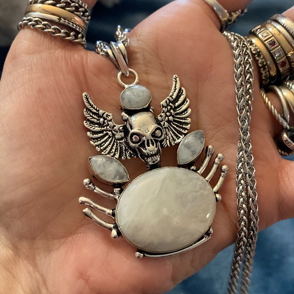 Genuine natural Moonstone gemstones  skull design with wings boho goth necklace - Picture 11 of 15